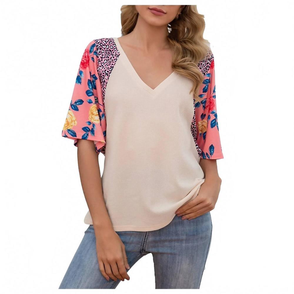 NEW C+D+M waffle floral/leopard sleeve top in pink